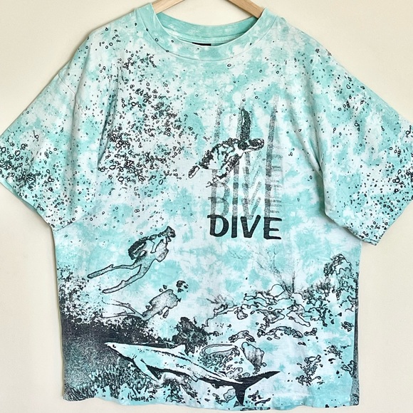 Vintage 90s Dive All Over Scuba Ocean Bubble Print Aqua Tie Die T Shirt Adult XL - Picture 4 of 16